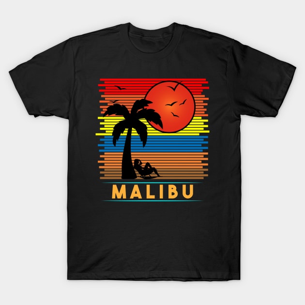 Retro Vintage Malibu Beachside Sun Silhouette T-Shirt by Brobocop